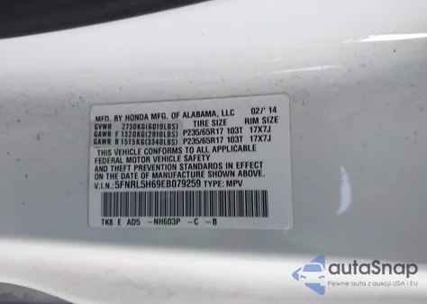 2014 Honda Odyssey Ex-L z USA, uszkodzony, nr VIN 5FNRL5H69EB079259